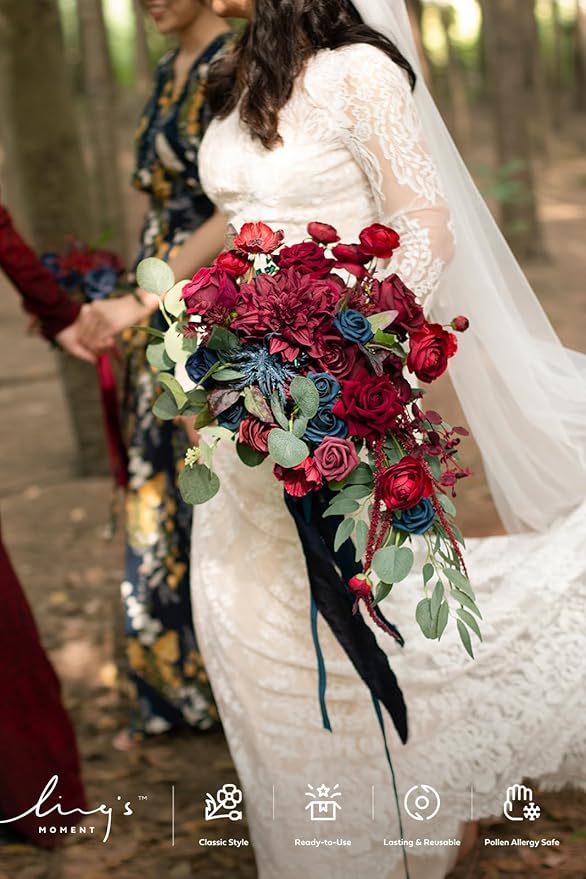 Ling's moment Navy Blue Burgandy Bridal Bouquet Cascading, Jewel Tone Wedding Bouquets for Bride, 15 Inch Bride Bouquets for Wedding Artificial Flowers Bouquets