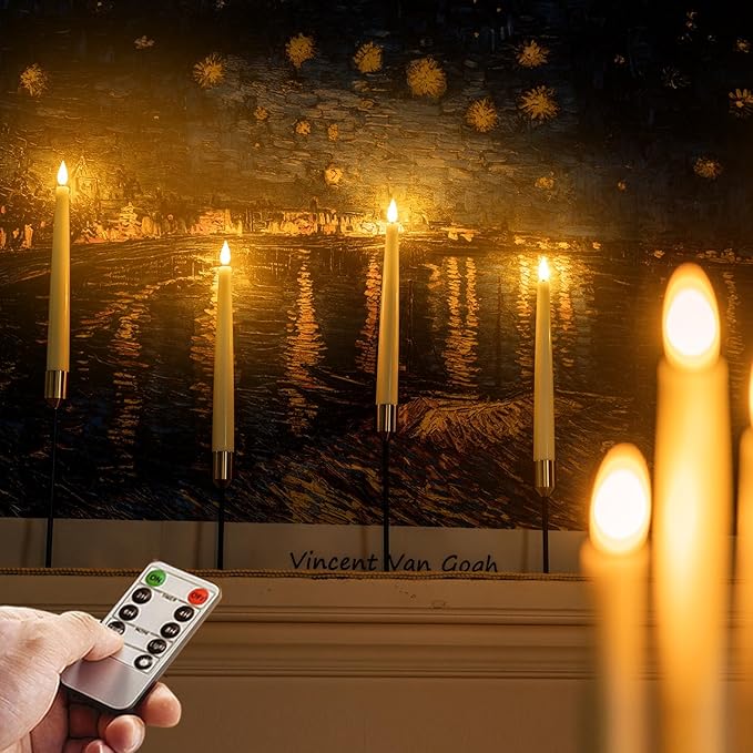 Homemory 6 Pcs Waxy Flameless Taper Candles with Remote, Flickering Battery Operated Candlesticks, Led Fake Candles Tall Candle for Home, Wedding, Party, Ivory, 9.6 inches