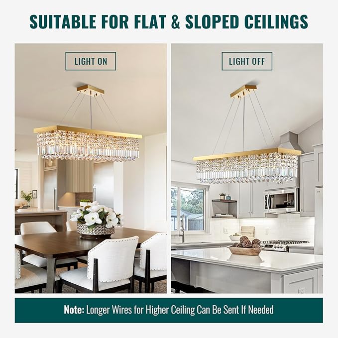 Siljoy Modern Crystal Chandelier, Luxury Gold Rectangular Raindrop Chandelier Lighting, 8-Light Rectangle Crystal Ceiling Light Fixture for Dining Room Kitchen Island Bar L40'' x W10'' x H10''