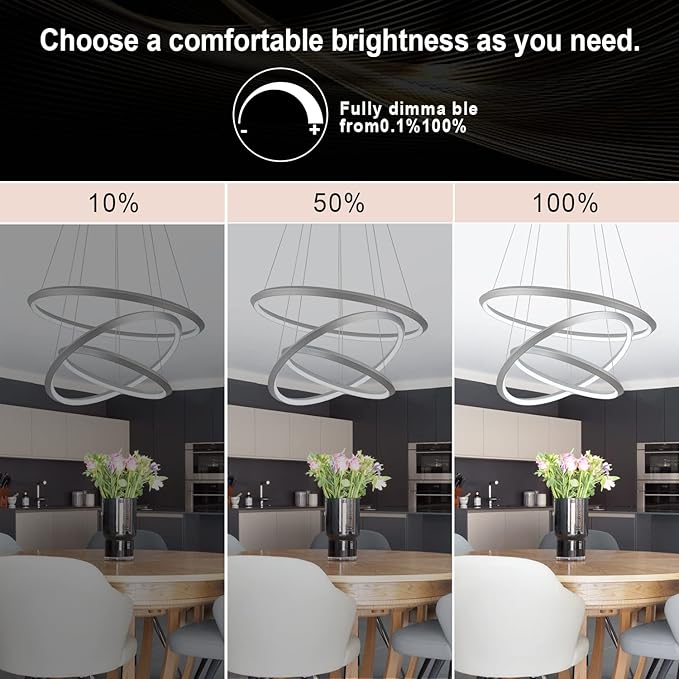 Modern LED Chandelier Room Decor 3 Ring Circular Chandelier Dimmable 23.6”Round Pendant Light Contemporary for Dining Living Room Foyer Bedroom 6000K Silver 5040lm