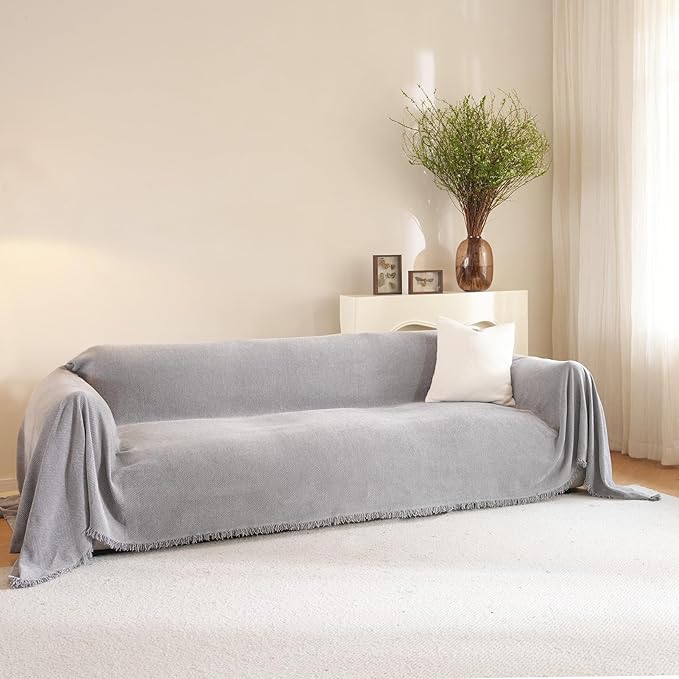 Sectional Couch Covers for 3 Cushion Couch Sofa Cover Chenille Herringbone Decorative Sectional Couch Covers Simply Put Couch Cover for Pets,Kids(Grey, X-Large, 71" x 134")