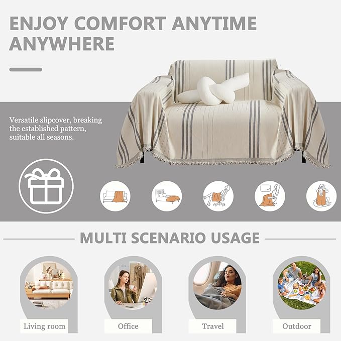 DREAMINGO Chenille Armchair Cover Jacquard Sofa Covers Washable Furniture Protector Recliner Couch Cover 1 Cushion Reversible Chair Cover Beige Light Grey Striped Couch Cover Blanket 71"x 71"