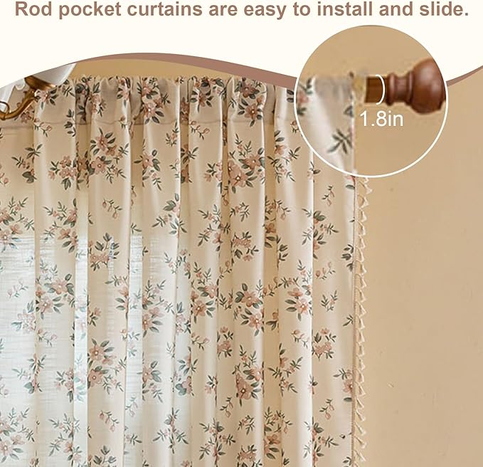 OYX Pink Boho Floral Window Curtains 96 Inch Long 2 Panels, French Vintage Farmhouse Vintage Country Rustic Tassels Printed Drapes for Living Room Bedroom, Rod Pocket Light Filtering Decor Aesthetic