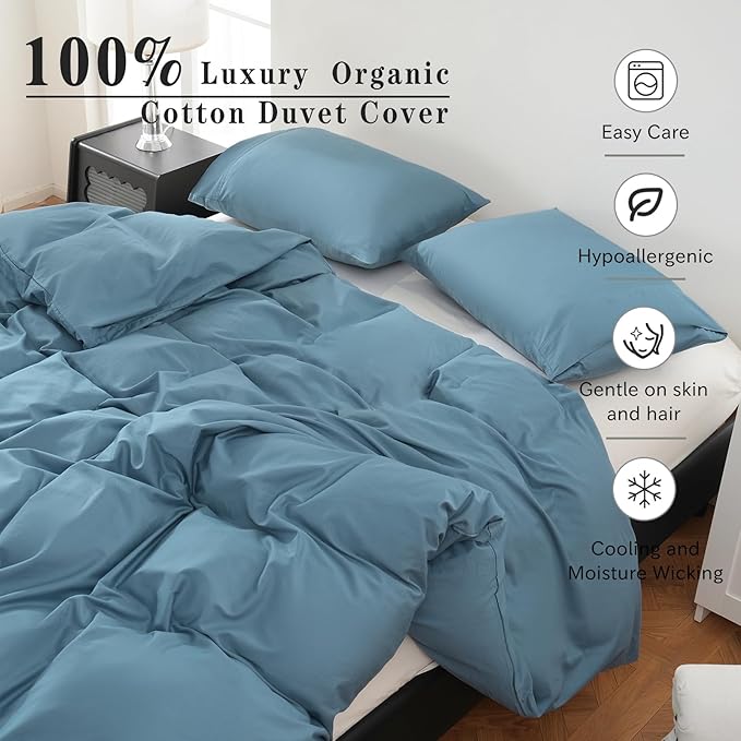 100% Organic Cotton Duvet Cover King 400 Thread Count Sateen Comforter Cover Soft and Breathable Cooling Bedding Set 3 Piece（Dusty Blue,King）
