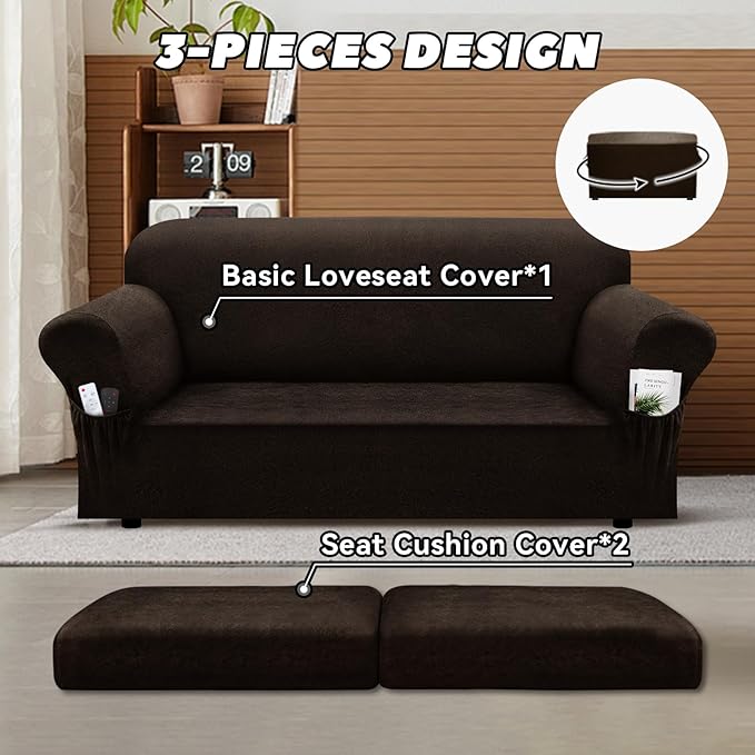 Loveseat Slipcover with Armrest Pockets 3-Piece Set, Stretch Faux Leather Love Seat Covers for 2-Cushion Couches(Fits 58-66") - Non-Slip, Machine Washable, Pet & Kid Friendly - Dark Brown