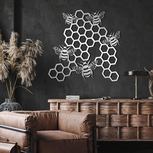 EANHIPE Bee and Honeycomb Metal Wall Art, Honey Bee Metal Wall Decor, Minimalist Animal Wall Sculpture, Rustic Farmhouse Decor, House Decorations Living Room (Silver, 30"x30"/76x76cm)