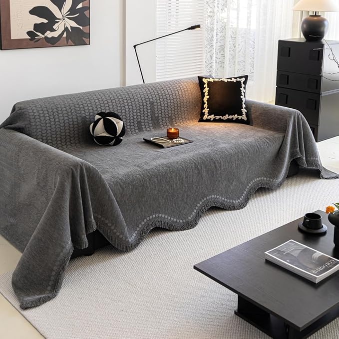 ROOMLIFE Gray Couch Cover Boho Sofa Covers for 3 Cushion Couch Washable, Furniture Protector Sofa Couch Cover for Dogs, Soft Chenille Sofa Slipcover, Couch Throw Blankets with Tassels 71 '' X 118''