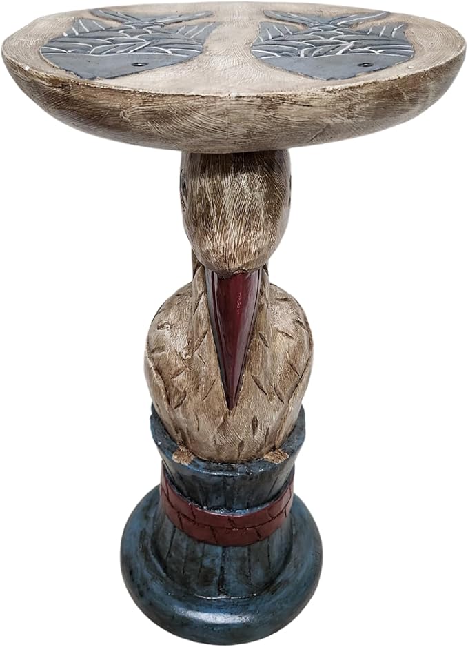 WorldBazzar Hand Carved Wooden Rustic Pelican Fish End Table Plant Stand Wood Sculpture