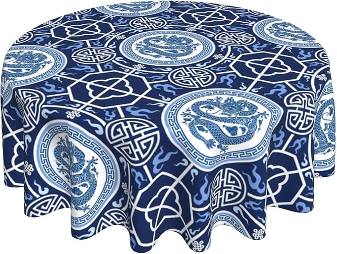 Chinoiserie Tablecloth Round, Traditional Zodiac Dragon Vintage Asian Style Oriental Luxury Water Resisitant Table Cover for Dining Kitchen Living Room Home Party Holiday Decor 36 inch Round