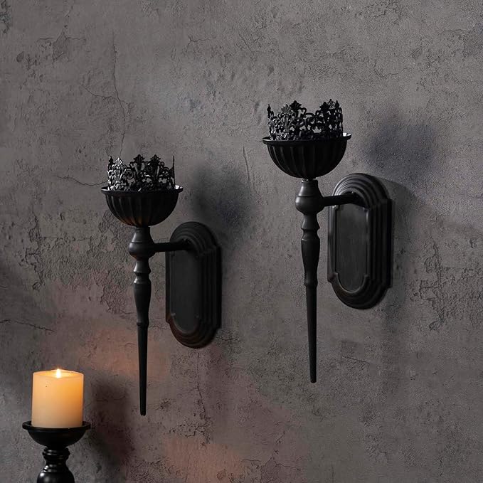 Wall Sconce Candle Holder (Set of 2) Black Crown and Scepter Design Wall-Mount Metal Candle Holders Hanging Iron Wall Candle Sconce Holder for Living Room, Bathroom, Dining Room