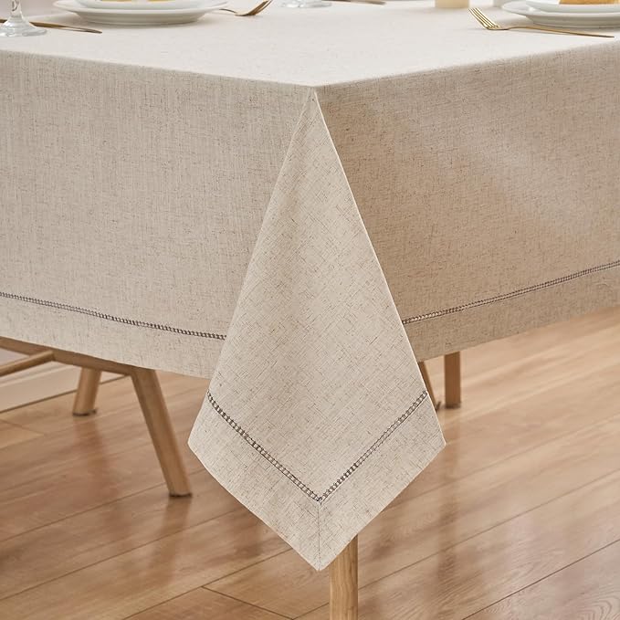 Zdolmy Natural Flax Linen Tablecloth – Undyed Rectangle Hemstitch Table Cover for Kitchen, Dining & Decoration (Elegant Style, 55" x 70")