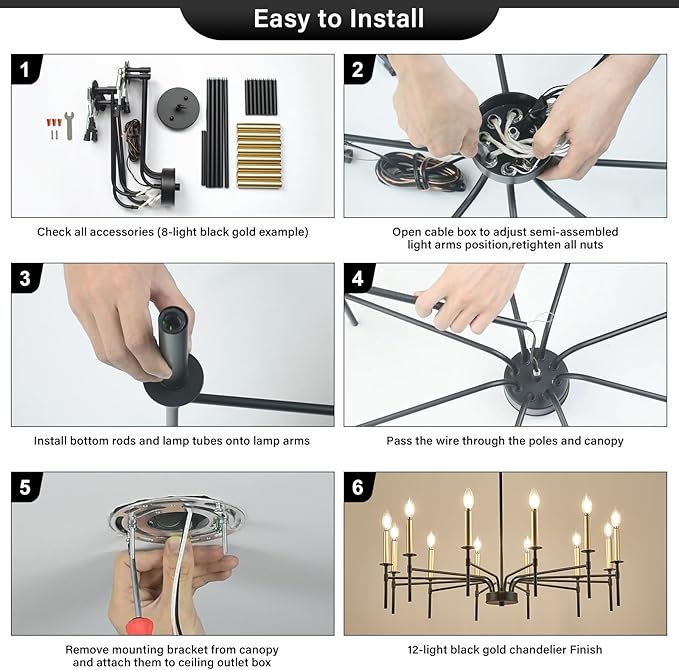 Modern Dining Room Light Fixture 12-Light,Farmhouse Black and Gold Chandelier, Metal Candle Chandeliers for Dining Room, Kitchen, Living Room, Bedroom, Foyer, Staircase, Entryway