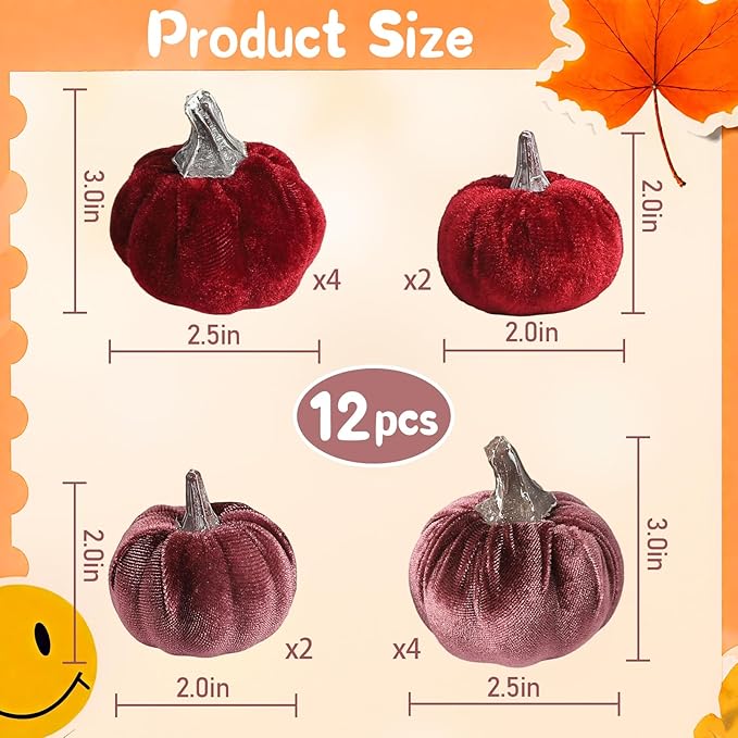 12pcs Velvet Fake Pumpkins Fall Decor Faux Small Foam Fabric Pumpkin for Autumn Table Centerpiece Party Farmhouse Harvest Thanksgiving (Burgundy/Mulberry)