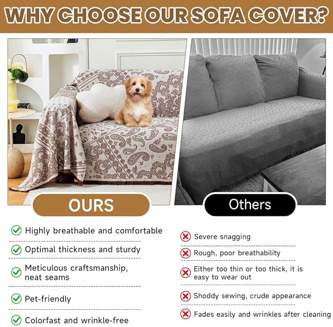 ROOMLIFE Boho Khaki Couch Covers for 3 Cushion Sofa, Breathable Couch Cover Sectional Sofa Cover for Dog, Washable Furniture Sofa Protector Cover Soft Blanket with Tassel for Living Room, 71''X118''