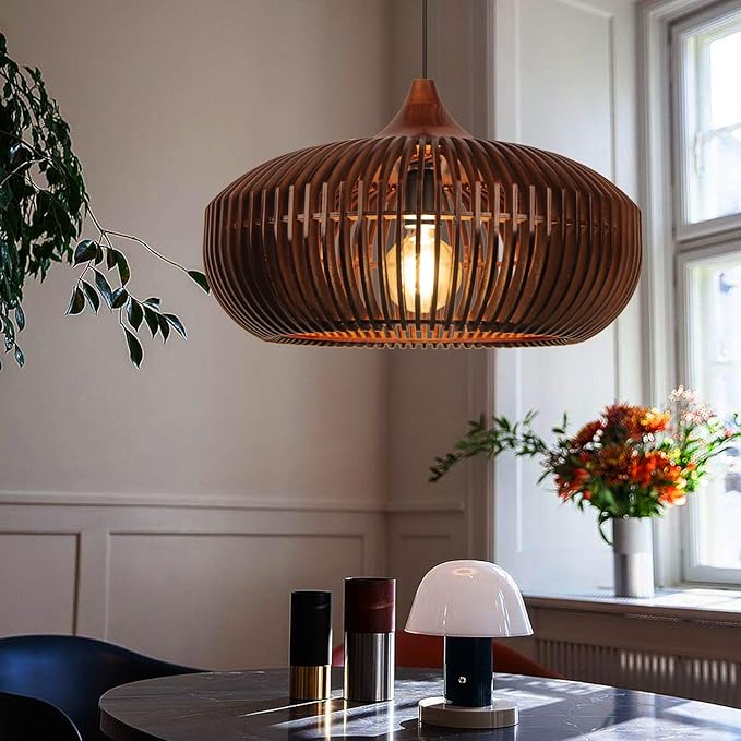 Arturesthome Farmhouse Round Wood Pendant Light, Rustic Wooden Hanging Ceiling Light Fixture for Kitchen Island Cafe Basement Hallway, Coffee