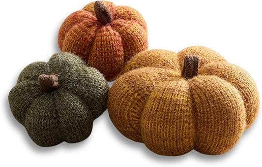 Your Heart's Content Set of 3 Cozy Mini Knit Pumpkins, Warm Green Gold Fall Table top décor, Soft Autumn Home Accents, Thanksgiving Table Setting (Marigold Multi-Size Set)