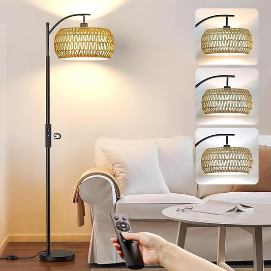 Arc Floor Lamps with Remote Control and Stepless Dimmable Color Temperature and Brightness Rattan Floor Lamps with Rattan and Cloth Dual Lampshade Standing Lamp for Living Room Bedroom, Black