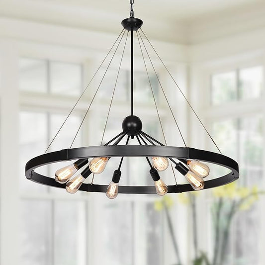 38.2'' Large Black Wagon Wheel Chandelier for Dining Room, 8-Light Country Round Metal Pendant Light Fixtures for Living Room Entryway Foyer Stairs Kitchen Island