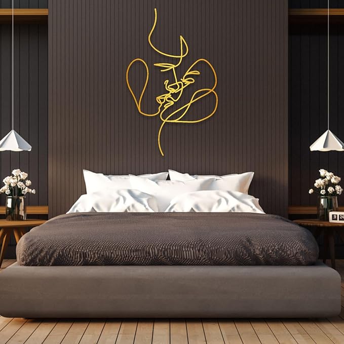 2 Faces Love Line Wall Art, Minimalist Woman Face Art,Metal Couple Face Line Wall Art,Couple Metal Wall Decor Sign, Livingroom Wall Hanging Gift (23.6 x 14.56” / 60 x 37 cm, Gold)