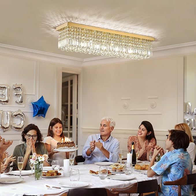 Siljoy Modern Crystal Chandelier 8 Lights Rectangular Gold K9 Crystal Raindrop Chandelier Flush Mount Pendant Ceiling Light Fixture for Dining Room Living Room Kitchen Island Bar 40 Inch
