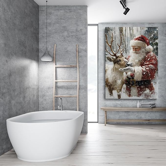 Santa With Reindeer Wall Art Print,Vintage Christmas Farmhouse Prints,Rustic Winter Holiday Decor