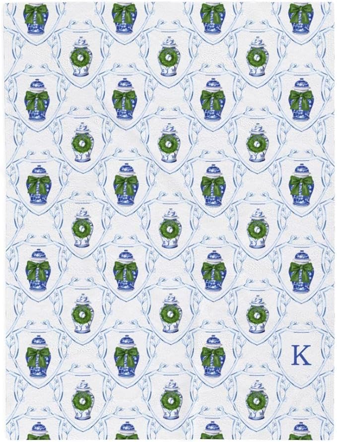 Chinoiserie Christmas Blanket, Blue and Green Ginger Jar with Wreath Fleece Throw, Elegant Holiday Home Décor Blanket