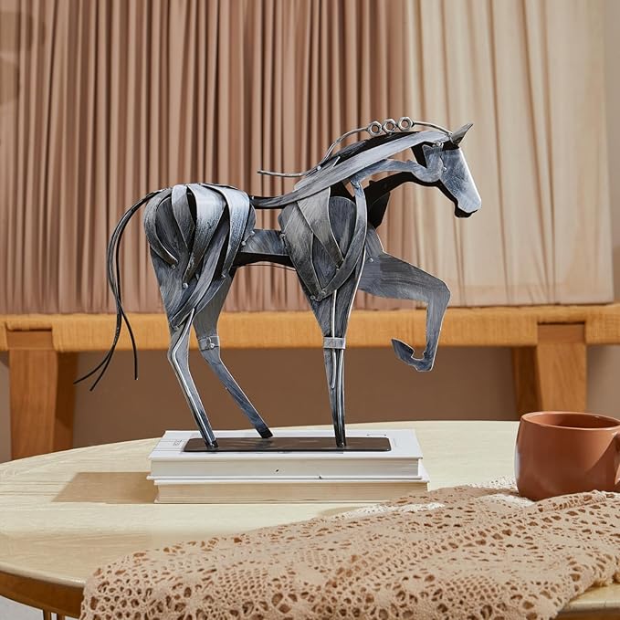 Handmade Horse Statue - Unique Rustic Decor for Office & Home - Hand-Painted Metal Sculpture - Perfect Handicraft Gift for Horse Lovers (Grey)