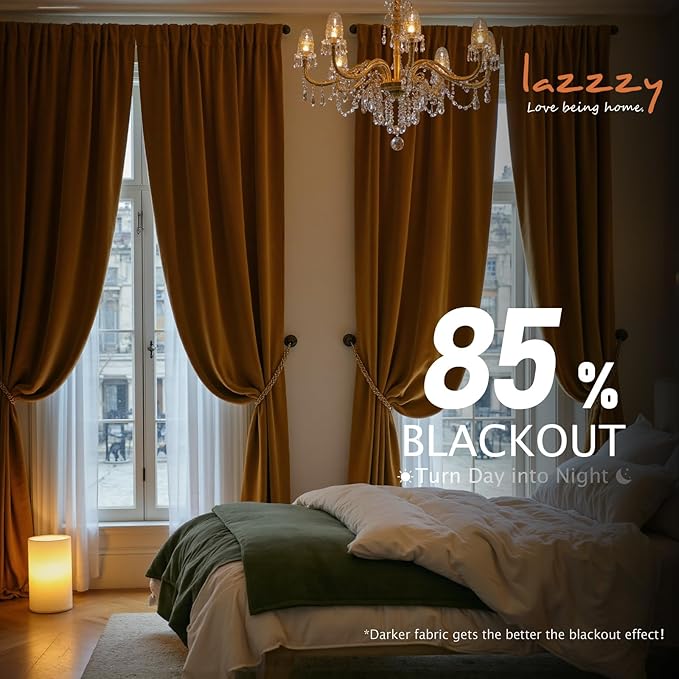 Lazzzy Velvet Blackout Curtains Thermal Insulated Room Window Drapes Super Soft Luxury Curtains for Living Room Bedroom Rod Pocket 2 Panels, Gold Brown, 52" W x 84" L