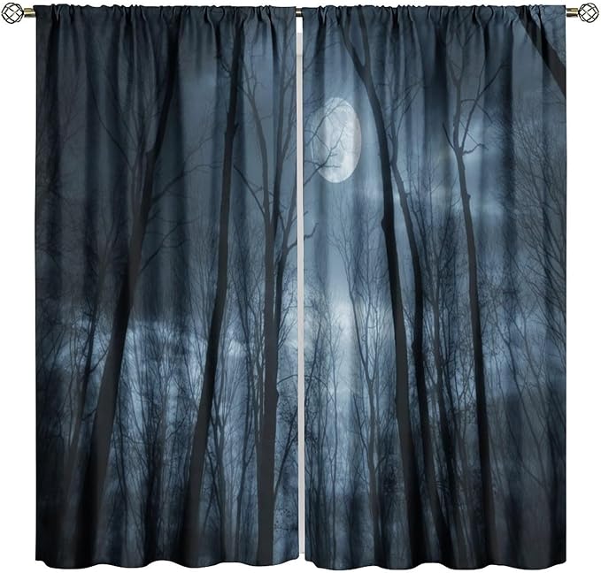 Forest Moon Gothic Blackout Curtains, Black Nature Tree Scenery Foggy Woodland Landscape Art Printed Window Drapes, for Living Room Bedroom 21(W)*45(L) 2 Panels