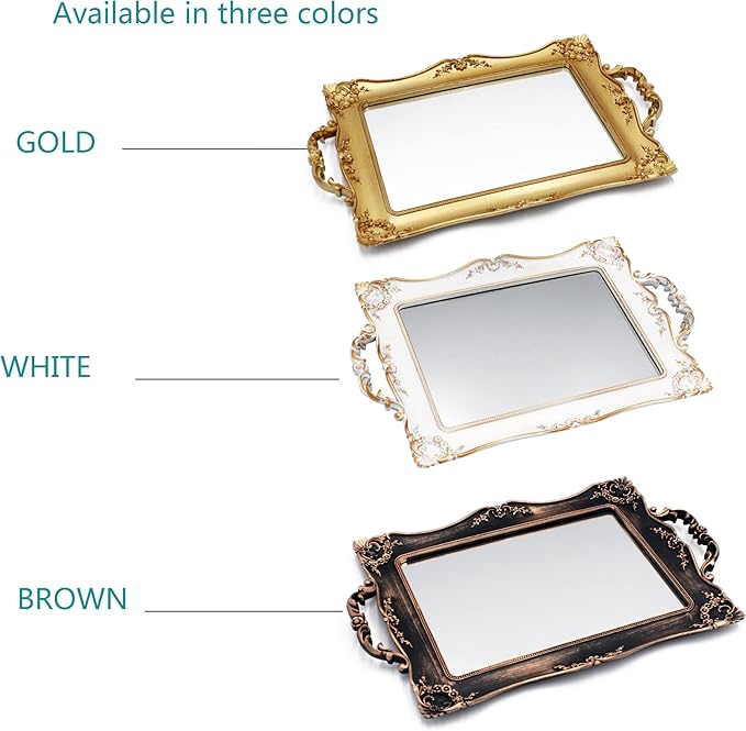 Antique Decorative Gold Framed Square Mirror Tray, Jewelry & Cosmetics Organizer for Dresser, Square - 9.5" W x 14.5" L (Bronze)