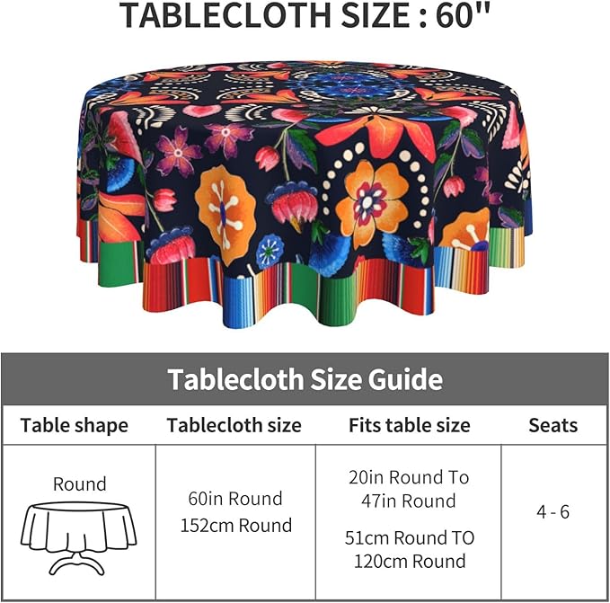 Mexican Round Tablecloth, Traditional Floral Tile Dia De Los Muertos Azulejo Mosaic Mexico Water Resisitant Table Cover for Dining Kitchen Living Room Home Party Holiday Decor 36 inch Round