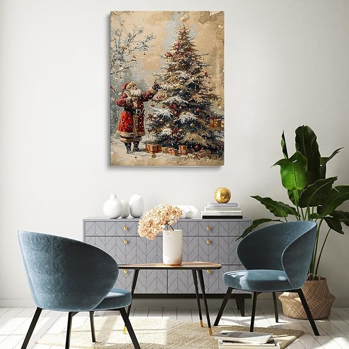 Vintage Christmas Santa Wall Art Prints,Neutral Santa & Tree Drawing,Winter Forest Holiday Poster,Antique Christmas Holiday Wall Decor