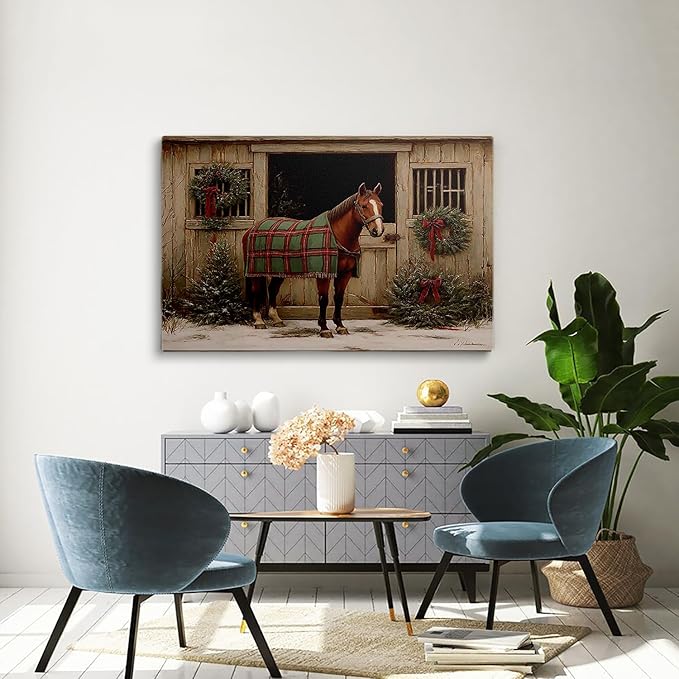 Rustic Christmas Horse Wall Art Prints,Country Holiday Farmhouse Decor,Winter Horse Print