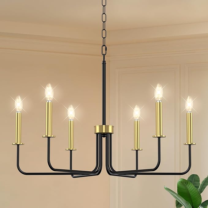 Farmhouse Chandelier, 6-Light Metal Hanging Ceiling Light Fixture for Dining Room, Kitchen Island, Living Room, Entryway, Foyer-Black and Gold