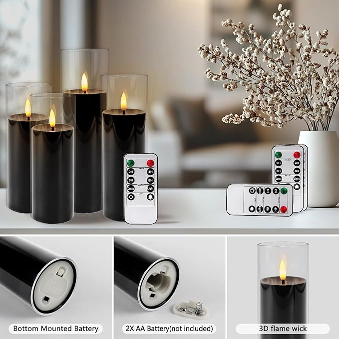 24-Pack Black Flameless LED Candles for Daily Home & Christmas Decor - Realistic Flickering Black Acrylic Pillars with Remote Timer, Perfect for Dining Table, Bedroom, Winter Mantel, Weddings