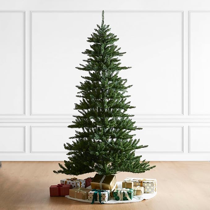 Glitzhome 7.5ft Prelit Christmas Tree, Artificial Christmas Tree Emerald Elegance Slim Green Fir Tree with 400 LED Lights, 1336 Branch Tips, 9 Functional Warm White/Multi-Color, Remote Controller