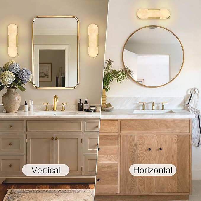 Alabaster Wall Sconce, 13.8" Natural Marble Wall Sconce, Brass Alabaster Sconces Set of Two, Indoor Modern Bathroom Sconces Wall Lighting for Living Room, Bedroom, Hallway, Stairs