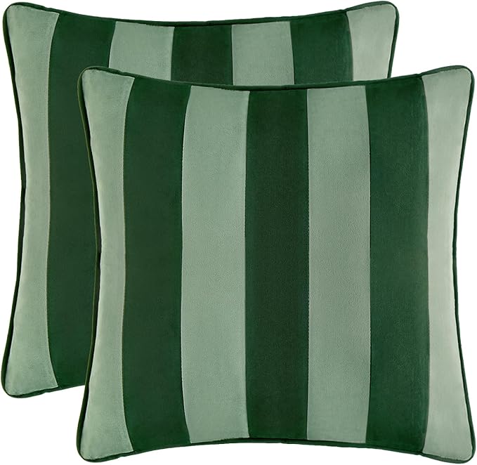 MONDAY MOOSE Decorative Throw Pillow Covers Cushion Cases, Set of 2 Soft Velvet Striped Piping Edge Designs, Pillow Inserts Not Included (Green/Light Green, 22x22 inch)