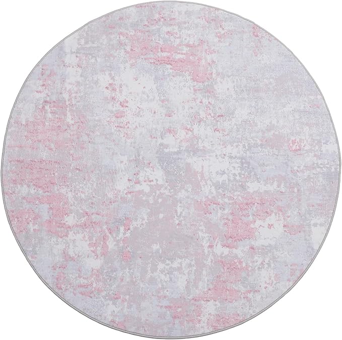 Modern Abstract 6x6 Round Area Rug Non Slip Non Shedding Rug Low Pile Stain Resistant for Bedroom Living Room Office Dining Room,Grey Pink