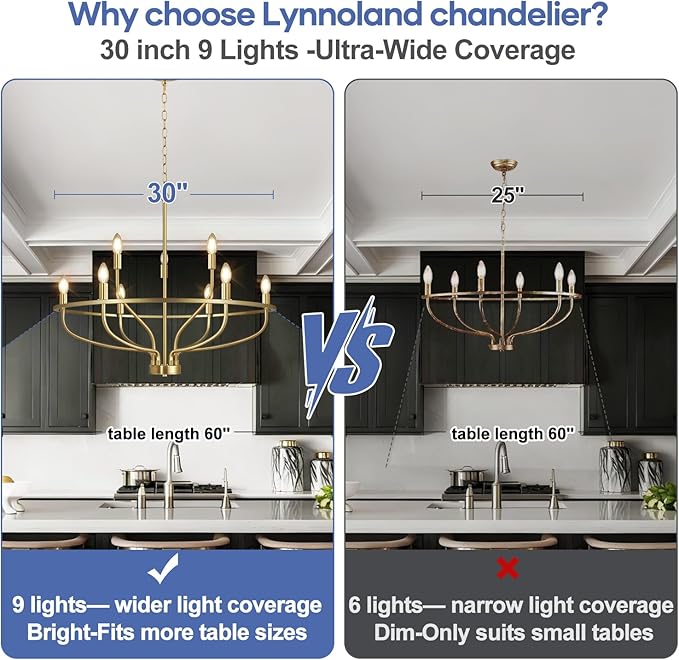30" Gold Chandelier, 9-Light Modern Farmhouse Chandelier for Dining Room Lighting Fixtures Hanging, Candle Chandelier Light for Living Room, Kitchen Island, Bedroom and Entryway (Bulbs Not Included)