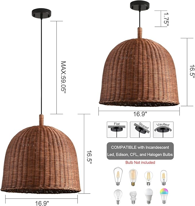 16.9" Rattan Pendant Light Fixtures, 3-Lights Boho Chandelier Hand Woven Pendant Light Farmhouse Hanging Light for Living Room Kitchen Island Dining Room Hallway