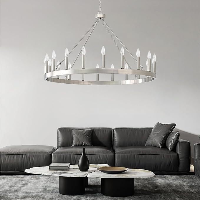 Silver Wagon Wheel Chandelier 40”, Farmhouse Brushed Nickel Chandelier for Dining Room 20-Light, Modern Round Living Room Chandeliers Light Fixture for Foyer, Entryway, E12