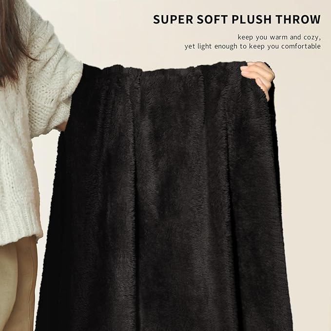 Plush Fleece Throw Blanket for Couch and Bed, Fluffy Fuzzy Cozy Queen-Size Soft Blankets All Season Use (60x80 Inches,Black)