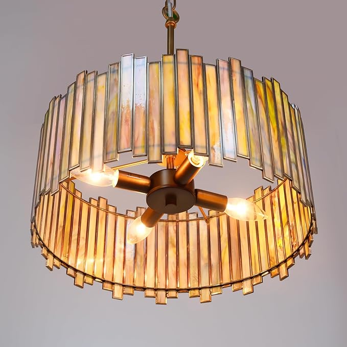 Drum Chandelier 4-Light, Brass Gold Tiffany Pendant Lighting Fixture with Stained Gradient Green Glass Shade, 16” Round Ceiling Hanging Lamp Kitchen Island Bedroom Dining Living Room