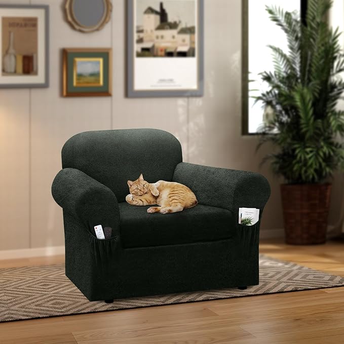 Chair Slipcover with Armrest Pockets 2-Piece Set, Stretch Faux Leather Chair Cover for Armchairs(Fits 31-45") - Non-Slip, Machine Washable, Pet & Kid Friendly - Military Green