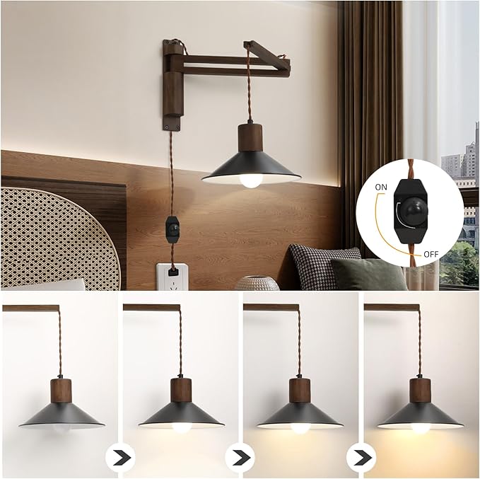 Wood Plug in Wall Sconces, Swing Arm Wall Lamp with Dimmable On Off Switch, Vintage Wall Mounted Light Fixture with Cord for Bedroom Nightstand Bedside Reading Lamp - Bulb Included