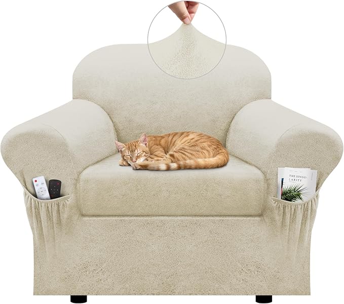 Chair Slipcover with Armrest Pockets 2-Piece Set, Stretch Faux Leather Chair Cover for Armchairs(Fits 31-45") - Non-Slip, Machine Washable, Pet & Kid Friendly - Beige