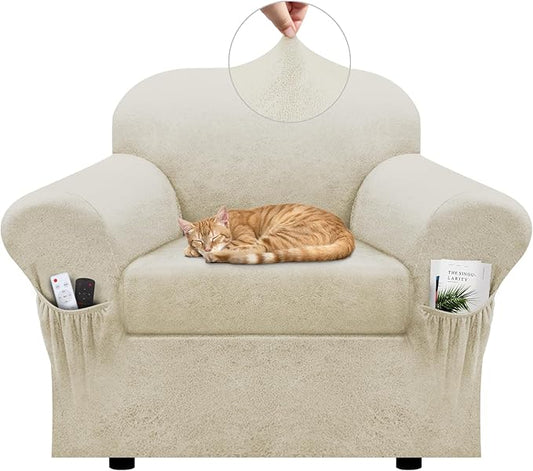 Chair Slipcover with Armrest Pockets 2-Piece Set, Stretch Faux Leather Chair Cover for Armchairs(Fits 31-45") - Non-Slip, Machine Washable, Pet & Kid Friendly - Beige