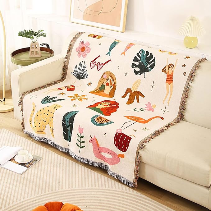 Double-Sided Cotton Woven Throw Blanket with Tassel Jungle Bohemian Style Tapestry Shawl Multi-Function Decorative Throws for Sofa Bed Armchair Camping Blanket Tablecloth Carpet 160x130cm