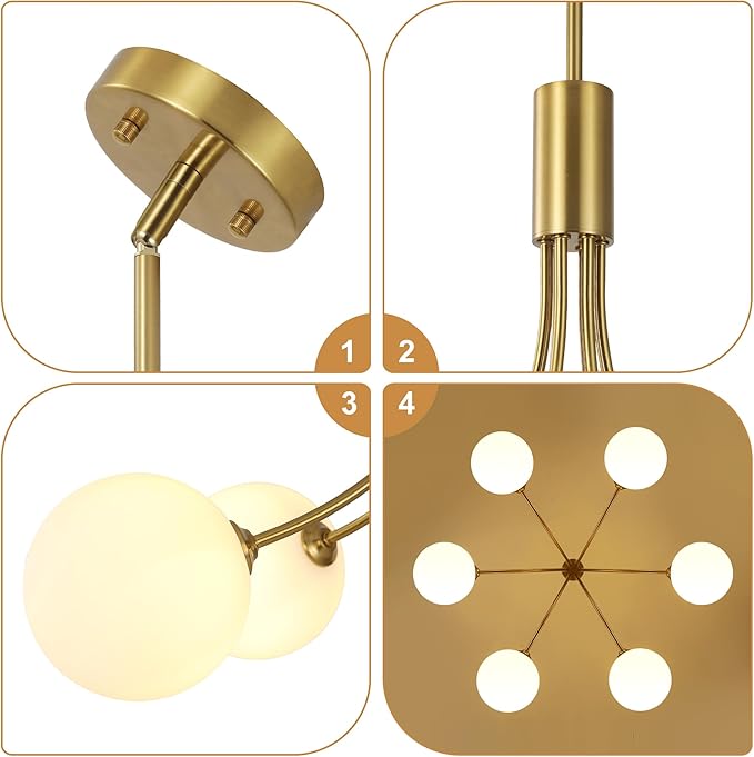 6-Light Modern Gold Sputnik Chandelier Mid Century Brushed Brass Light Fixture with Milk Glass Globes for High Ceiling Dining Room Kitchen Island Living Room